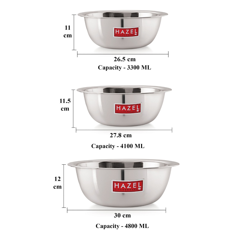 HAZEL Stainless Steel Mixing Bowl |  Mixing Bowl for Cake Batter | Kitchen and Baking Accessories Items, Set of 3, 3300 ML, 4100 ML, 4800 ML