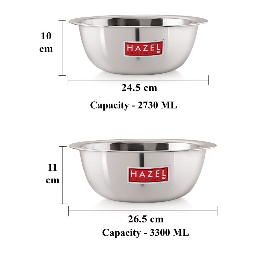 HAZEL Stainless Steel Mixing Bowl |  Mixing Bowl for Cake Batter | Kitchen and Baking Accessories Items, Set of 2, 2730 ML, 3300 ML