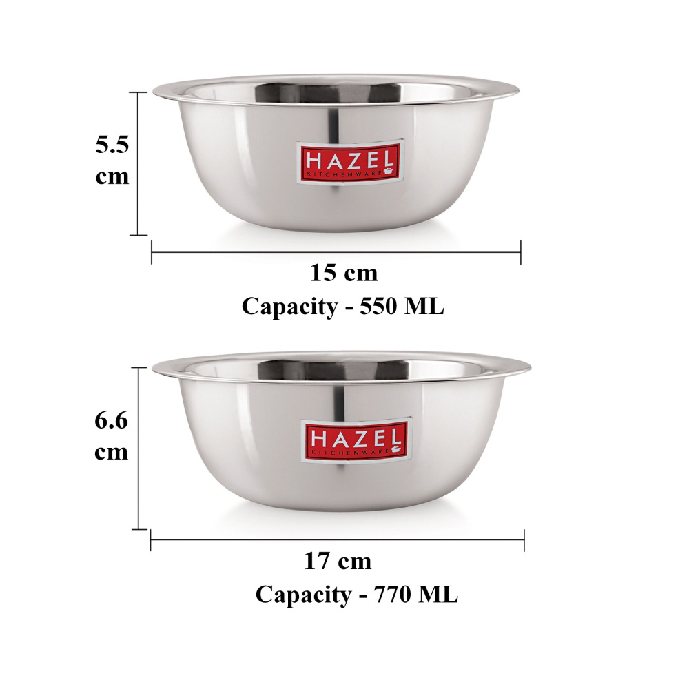 HAZEL Stainless Steel Mixing Bowl |  Mixing Bowl for Cake Batter | Kitchen and Baking Accessories Items, Set of 2, 550 ML, 770 ML