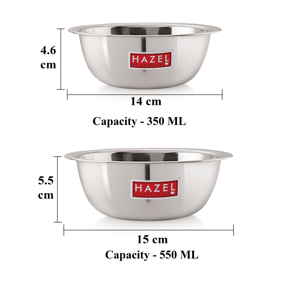 HAZEL Stainless Steel Mixing Bowl |  Mixing Bowl for Cake Batter | Kitchen and Baking Accessories Items, Set of 2, 350 ML, 550 ML