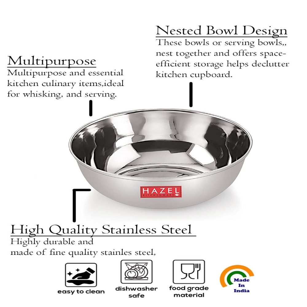 HAZEL Stainless Steel Bowl Vati | Steel Bowl Set For Kitchen | Dinner Bowl Katori Serving Wati, 270 ML, Set of 3