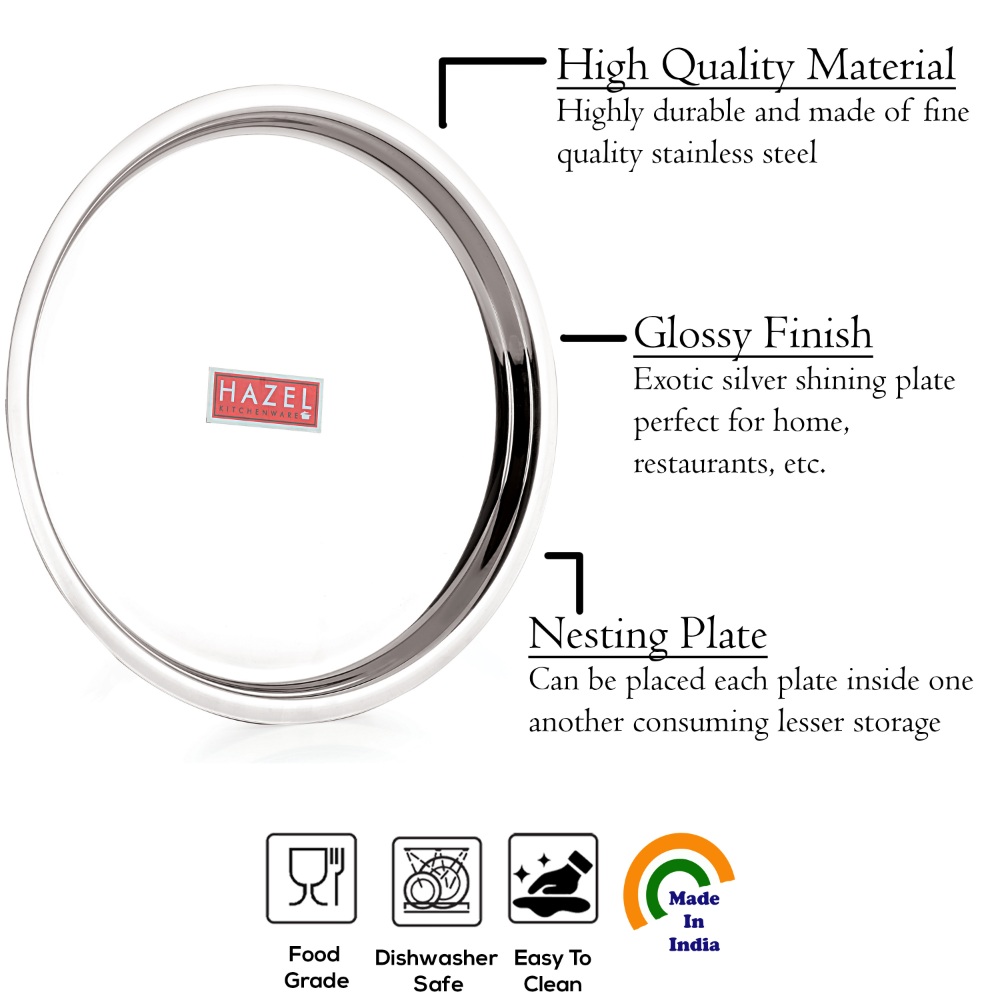 HAZEL Stainless Steel Plates Set | Premium Mirror Finish Thali Set Stainless Steel | Heavy Gauge Steel Plates Set For Dinner & Lunch Set of 4, 25 cm