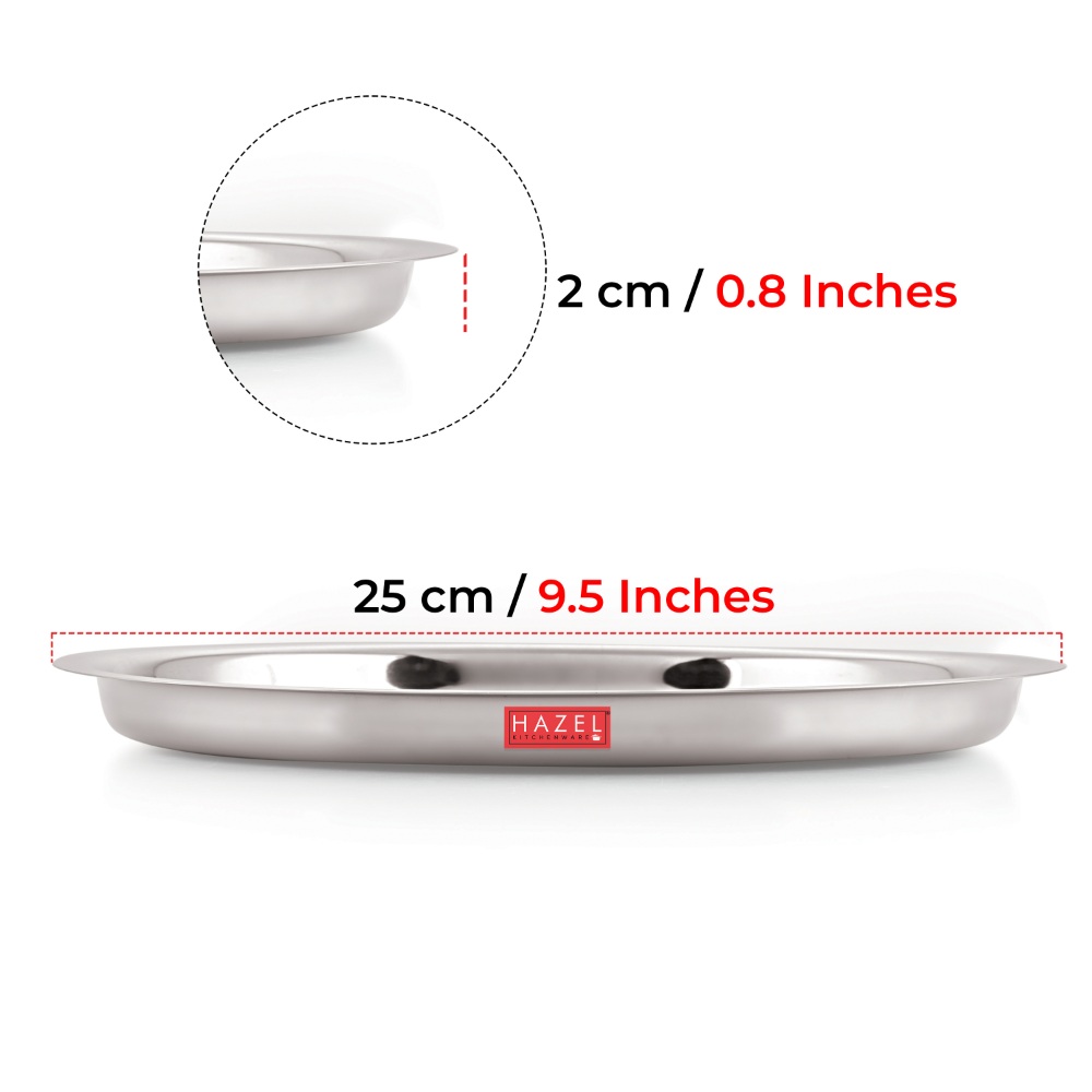 HAZEL Stainless Steel Plates Set | Premium Mirror Finish Thali Set Stainless Steel | Heavy Gauge Steel Plates Set For Dinner & Lunch Set of 4, 25 cm