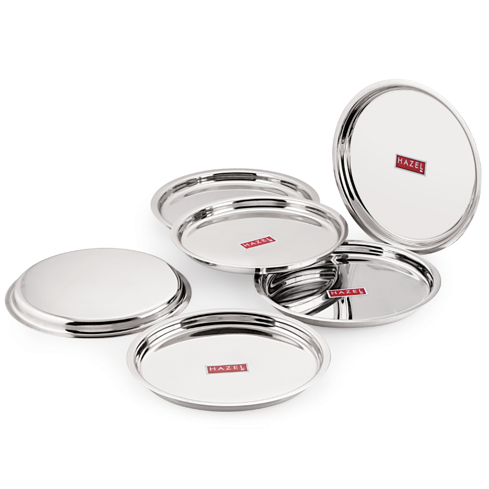 HAZEL Stainless Steel Plates Set | Premium Mirror Finish Thali Set Stainless Steel | Heavy Gauge Steel Plates Set For Dinner & Lunch Set of 6, 25 cm