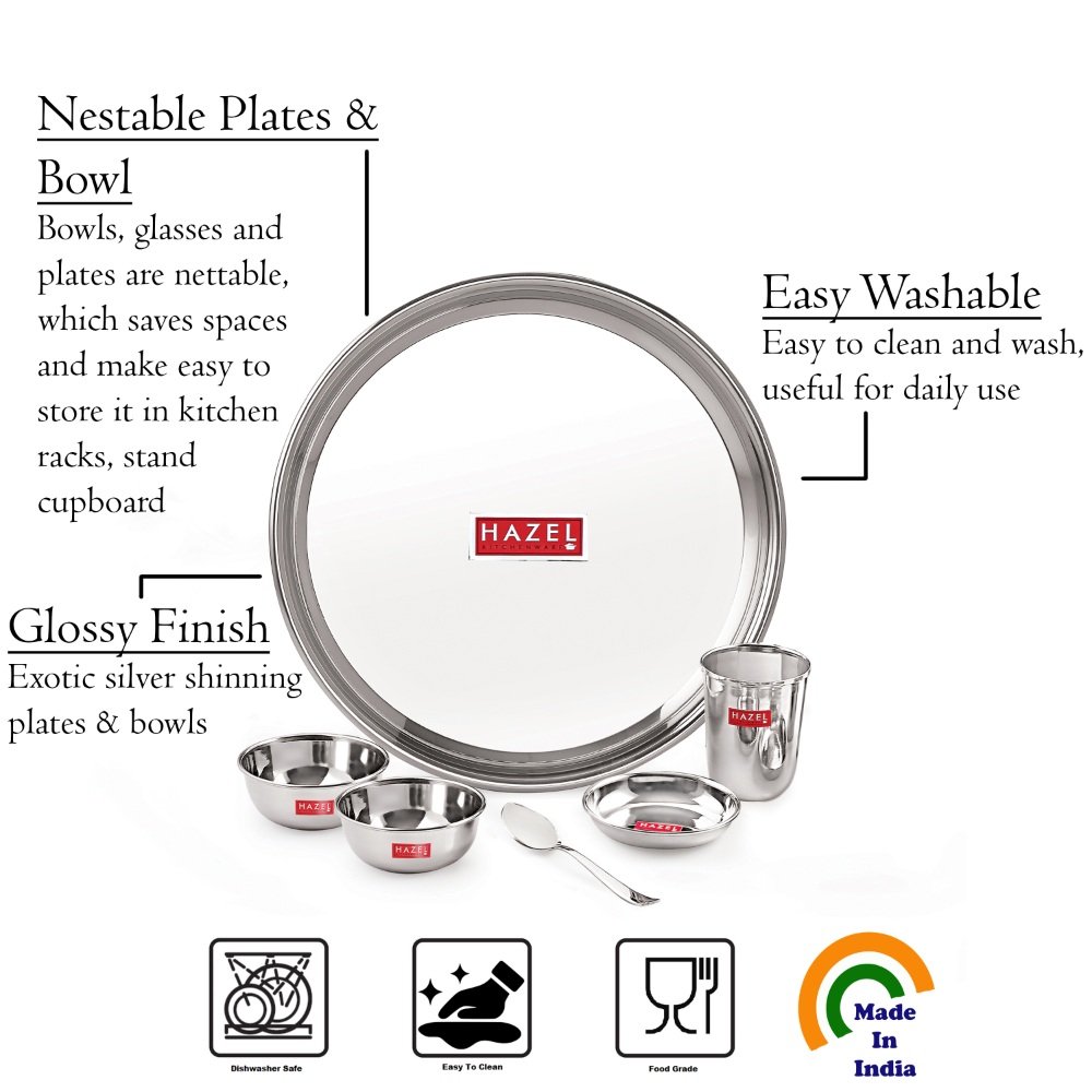 HAZEL Stainless Steel Dinner Set Of 18 | Dinner Set Steel (3 Steel Plate, 3 Steel Glass, 6 Bowl, 3 Dessert Plate, 3 Spoon) 18 Pieces, Silver