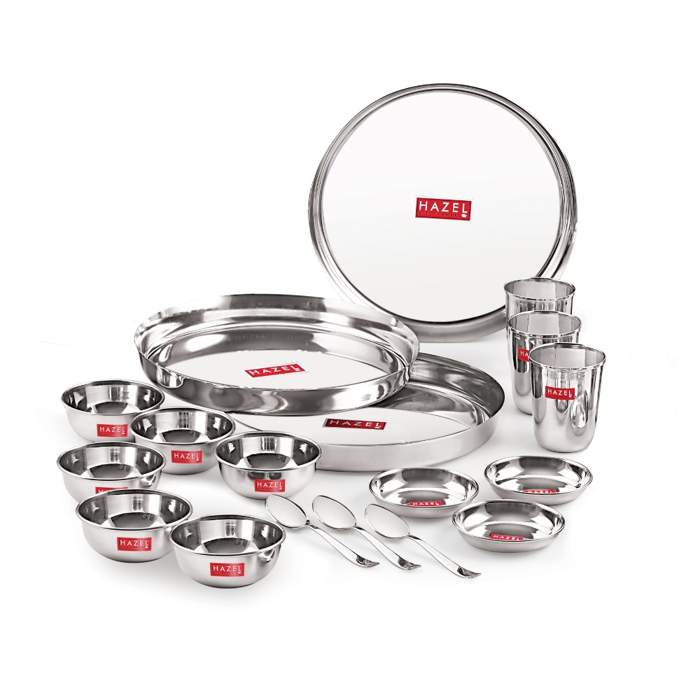 HAZEL Stainless Steel Dinner Set Of 18 | Dinner Set Steel (3 Steel Plate, 3 Steel Glass, 6 Bowl, 3 Spoon Set, 3 Dessert Plate) 18 Pieces, Silver