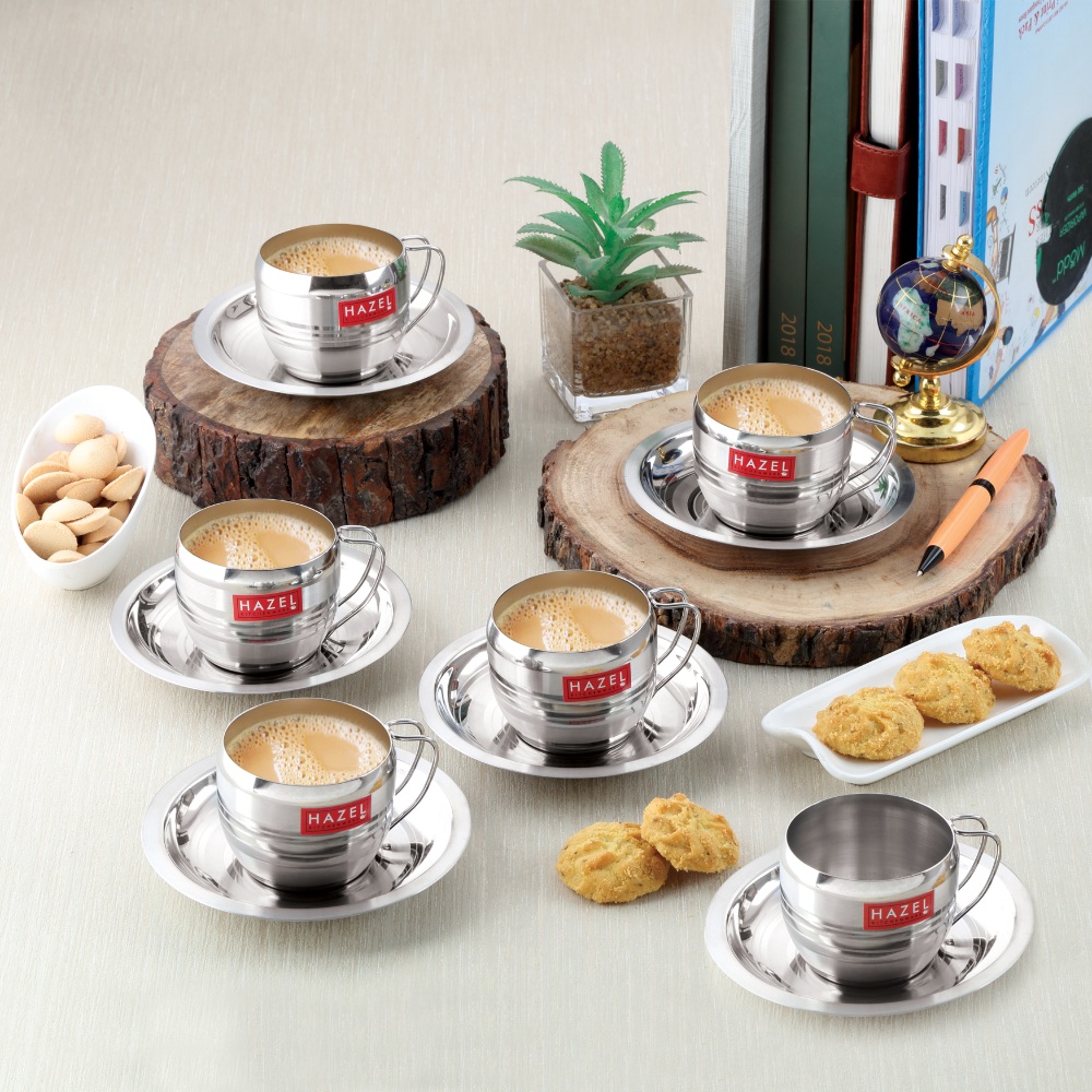 HAZEL Stainless Steel Cup Set Of 6 With Saucer Latest Design | Steel Unbreakable Cups For Tea Chai Coffee Cups Mugs With Saucer (6 Cups, 6 Saucers) Capacity 170ml Each, Silver