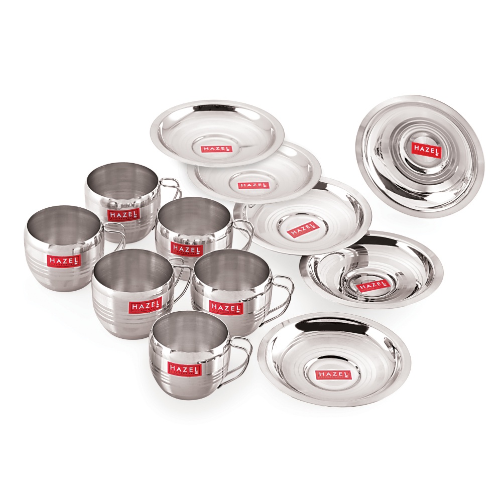 HAZEL Stainless Steel Cup Set Of 6 With Saucer Latest Design | Steel Unbreakable Cups For Tea Chai Coffee Cups Mugs With Saucer (6 Cups, 6 Saucers) Capacity 170ml Each, Silver