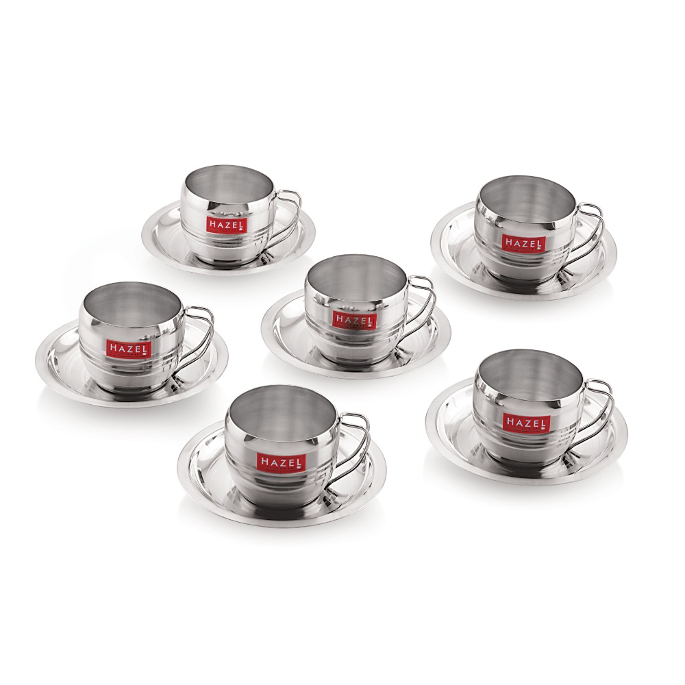 HAZEL Stainless Steel Cup Set Of 6 With Saucer Latest Design | Steel Unbreakable Cups For Tea Chai Coffee Cups Mugs With Saucer (6 Cups, 6 Saucers) Capacity 170ml Each, Silver