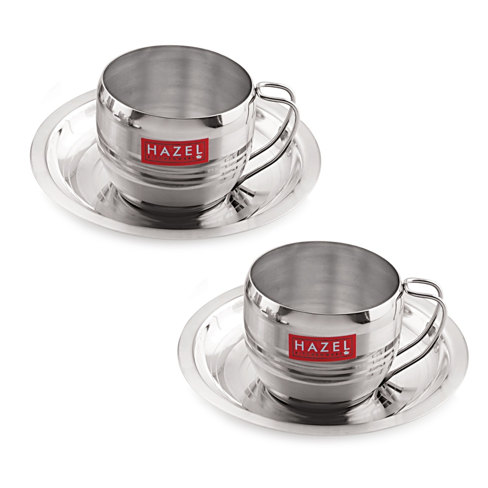 HAZEL Stainless Steel Cup Set Of 2 With Saucer Latest Design | Steel Unbreakable Cups For Tea Chai Coffee Cups Mugs With Saucer (2 Cups, 2 Saucers) Capacity 170ml Each, Silver