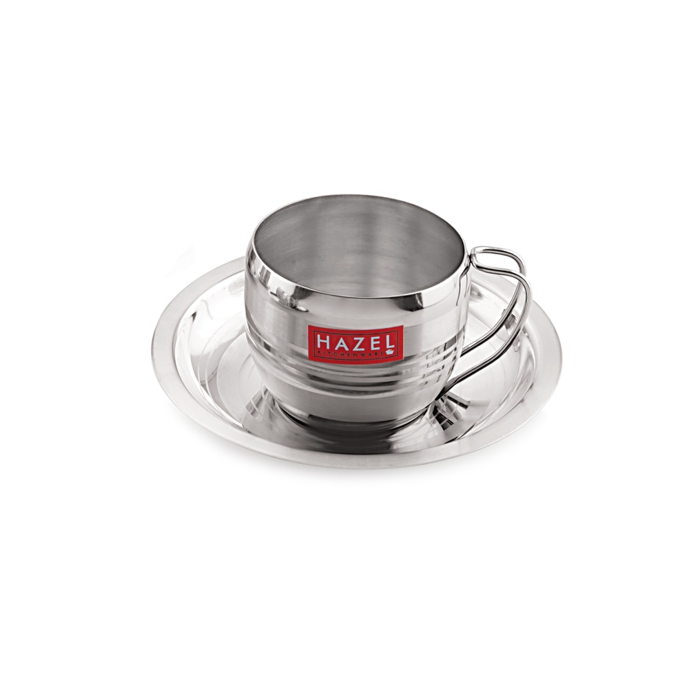 HAZEL Stainless Steel Cup Set Of 1 With Saucer Latest Design | Steel Unbreakable Cups For Tea Chai Coffee Cups Mugs With Saucer (1 Cups, 1 Saucers) Capacity 170ml Each, Silver