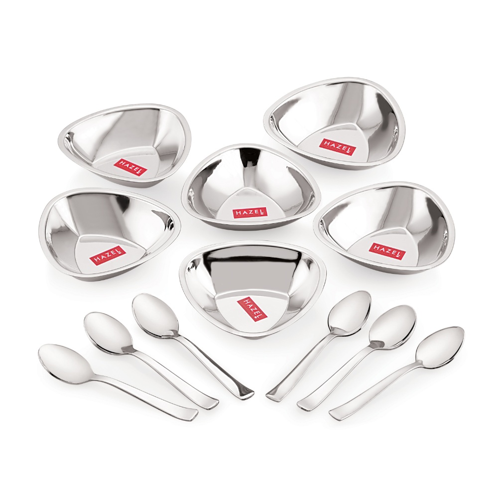 HAZEL Stainless Steel Serving Bowls Set With Spoon| Triangular Shaped Vati Katori Set of 6 | Fancy Serving Bowls For Snacks (6 Vati, 6 Spoon), Capacity 250ml Each, Silver