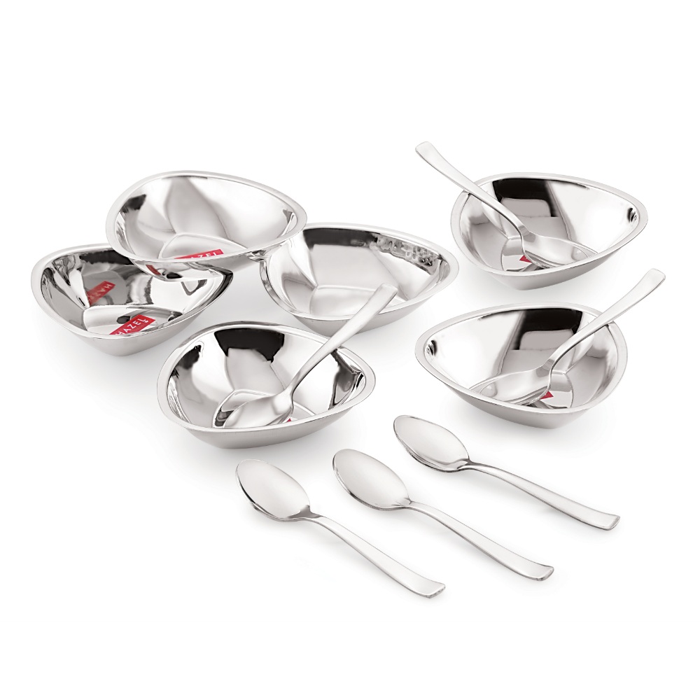 HAZEL Stainless Steel Serving Bowls Set With Spoon| Triangular Shaped Vati Katori Set of 6 | Fancy Serving Bowls For Snacks (6 Vati, 6 Spoon), Capacity 250ml Each, Silver