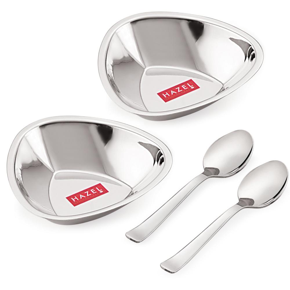 HAZEL Stainless Steel Serving Bowls Set With Spoon| Triangular Shaped Vati Katori Set of 2 | Fancy Serving Bowls For Snacks (2 Vati, 2 Spoon), Capacity 250ml Each, Silver