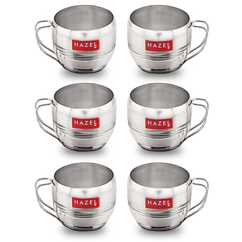 HAZEL Stainless Steel Tea Cup | Steel Unbreakable Chai Tea Coffee Cup Mug Latest Design Capacity 170ml Each, Set of 6, Silver