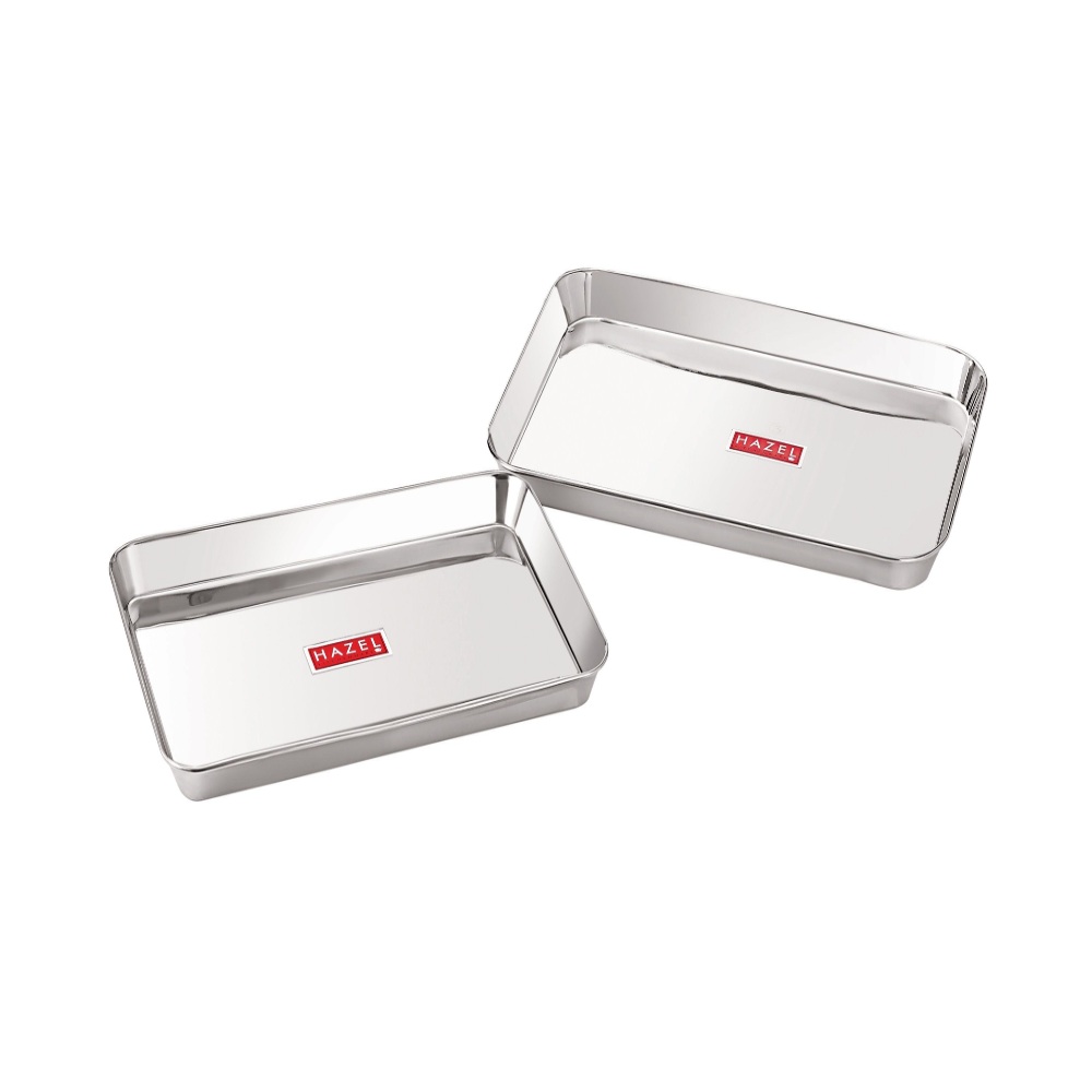 HAZEL Stainless Steel Serving Tray Rectangle Plate Plater Set of 2, Medium and Large, Silver
