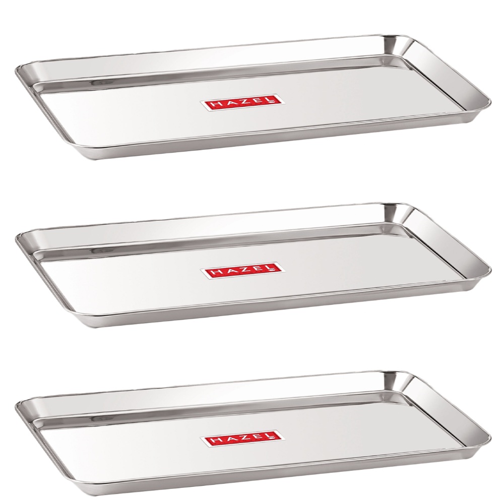 HAZEL Stainless Steel Serving Trays Rectangle Premium Dining Table Plater Set of 3, Medium, Silver, 33.5 x 23 cm