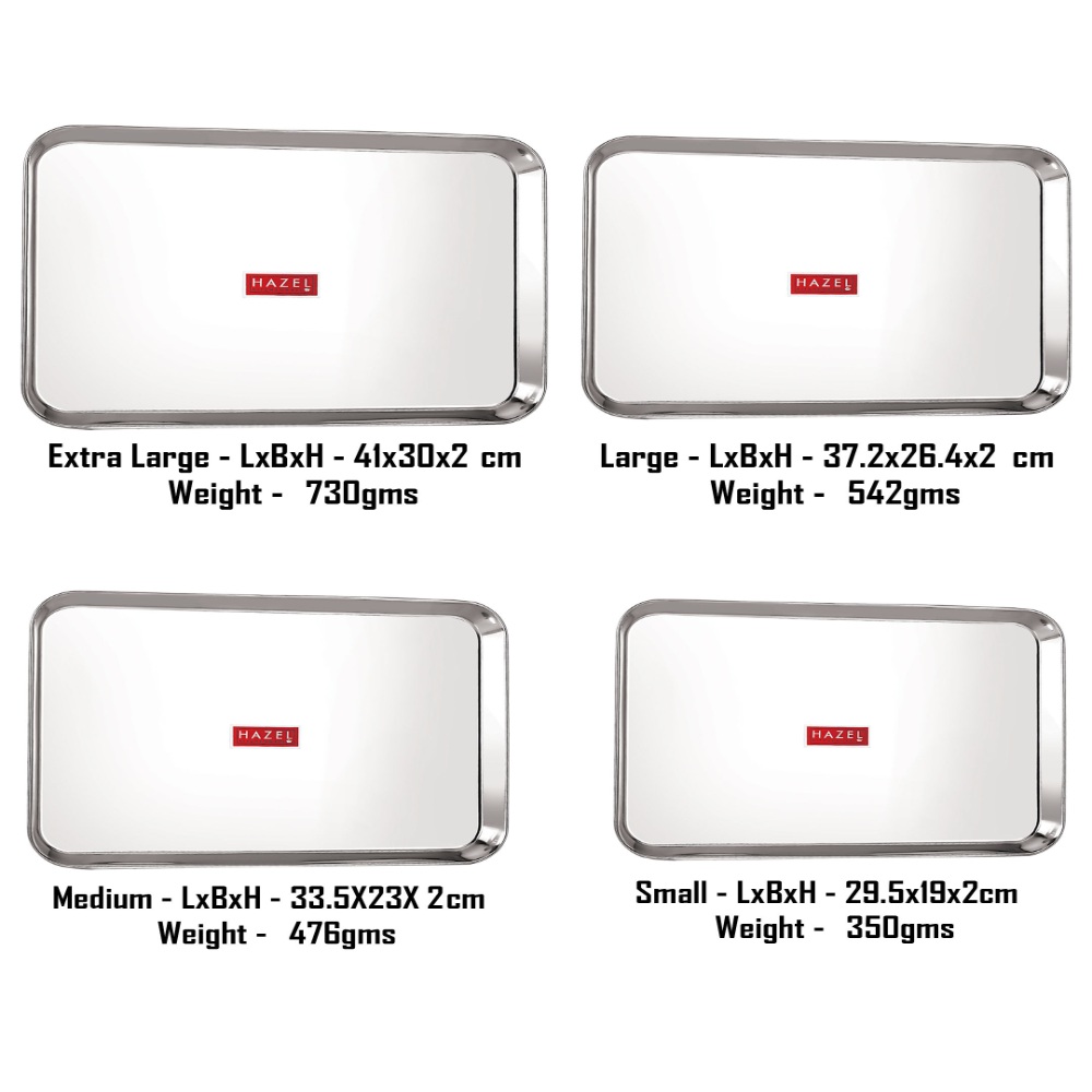 HAZEL Stainless Steel Serving Trays Rectangle Premium Dining Table Plater Set of 4, Silver, Mutilpe Sizes For Multipurpose