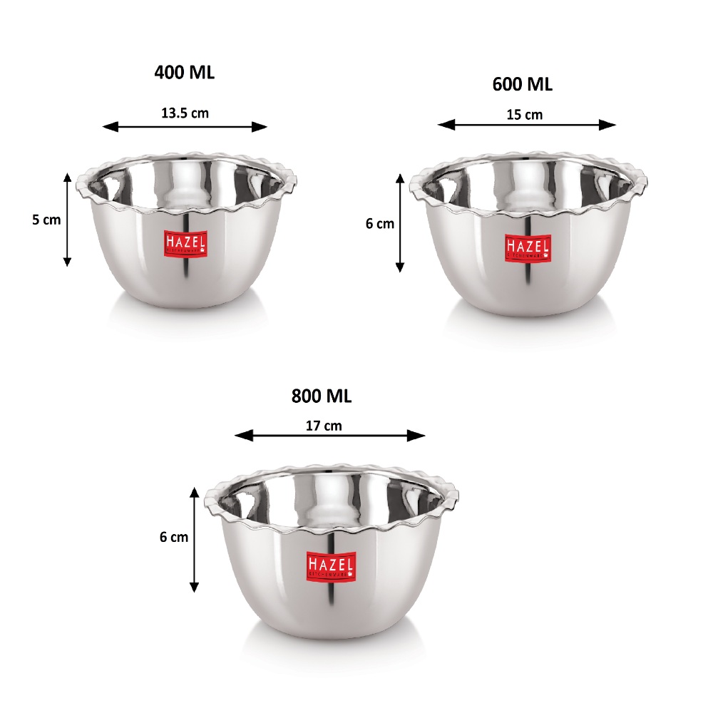 HAZEL Stainless Steel Serving Bowl Wati Vati Katori Set of 3, Silver
