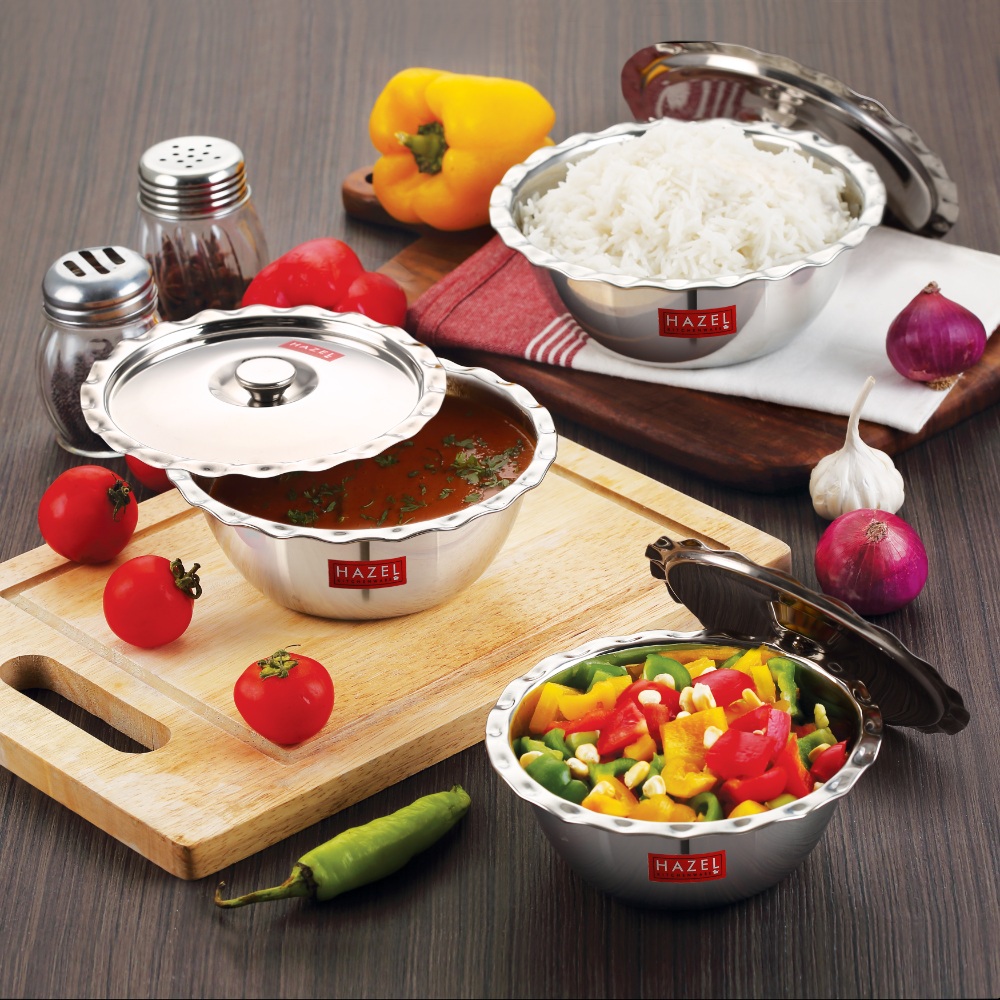 HAZEL Stainless Steel Serving Bowl Wati Vati Katori With Lid, 1000, 1300 & 1750 ml, Set of 3, Silver