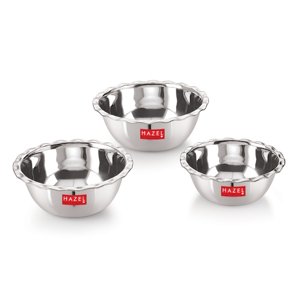 HAZEL Stainless Steel Serving Bowl Wati Vati Katori With Lid, 1000, 1300 & 1750 ml, Set of 3, Silver