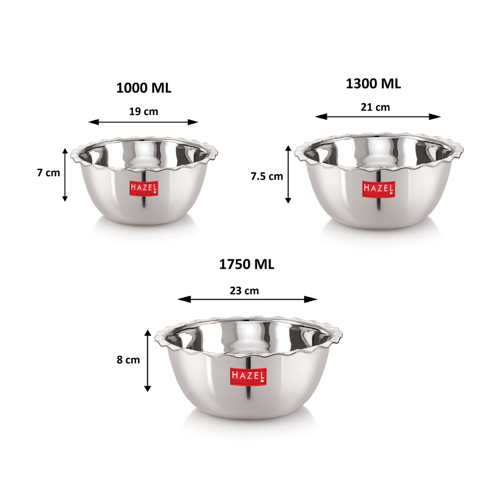 HAZEL Stainless Steel Serving Bowl Wati Vati Katori With Lid, 1000, 1300 & 1750 ml, Set of 3, Silver