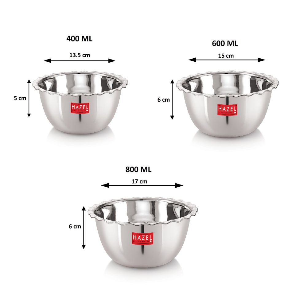 HAZEL Stainless Steel Serving Bowl Wati Vati Katori With Lid, Set of 3, Silver