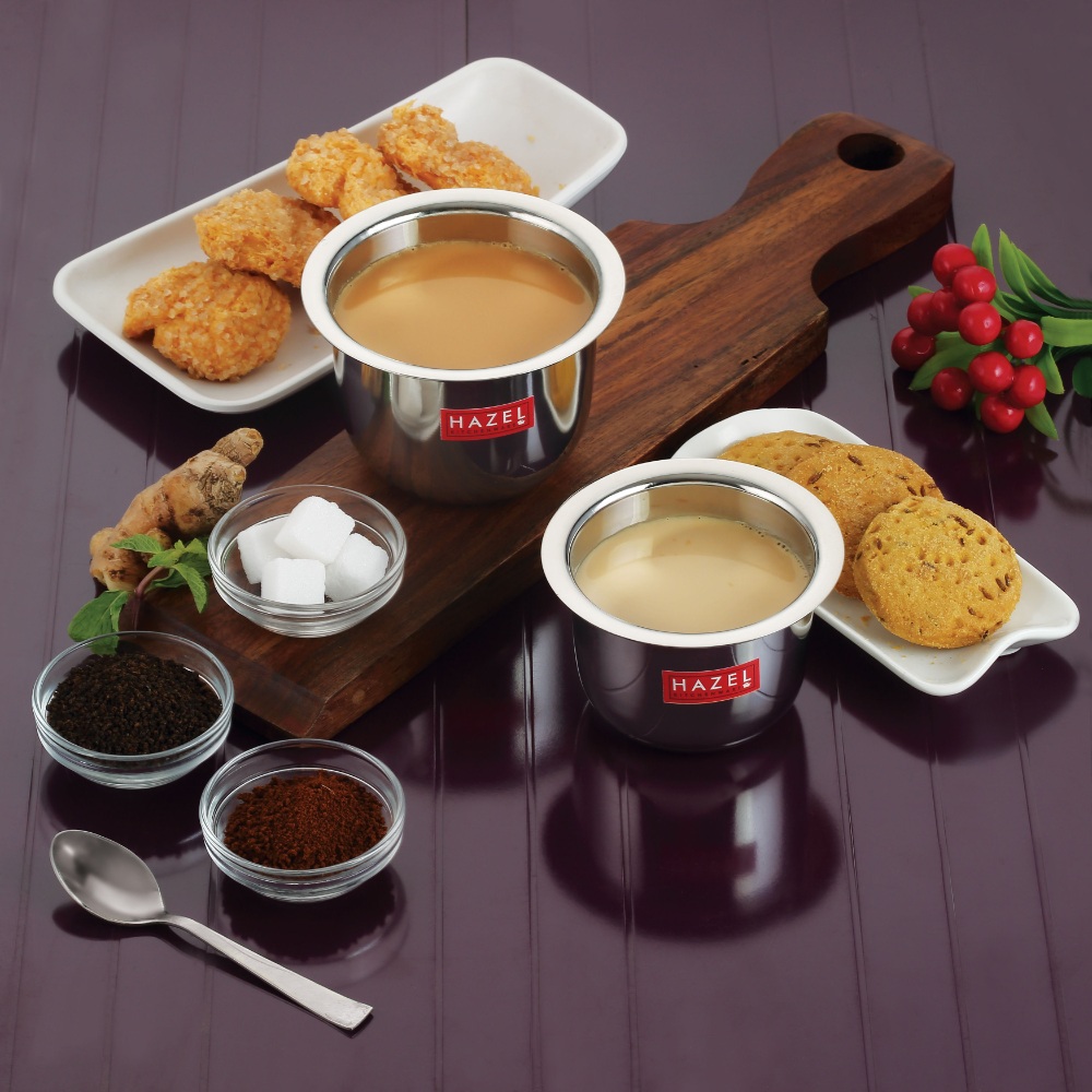 HAZEL Stainless Steel Tea Glasses Large Traditional Design Coffee Milk Serving Glass Patra Pela Set of 3, 10 cm, 200 ML, Silver