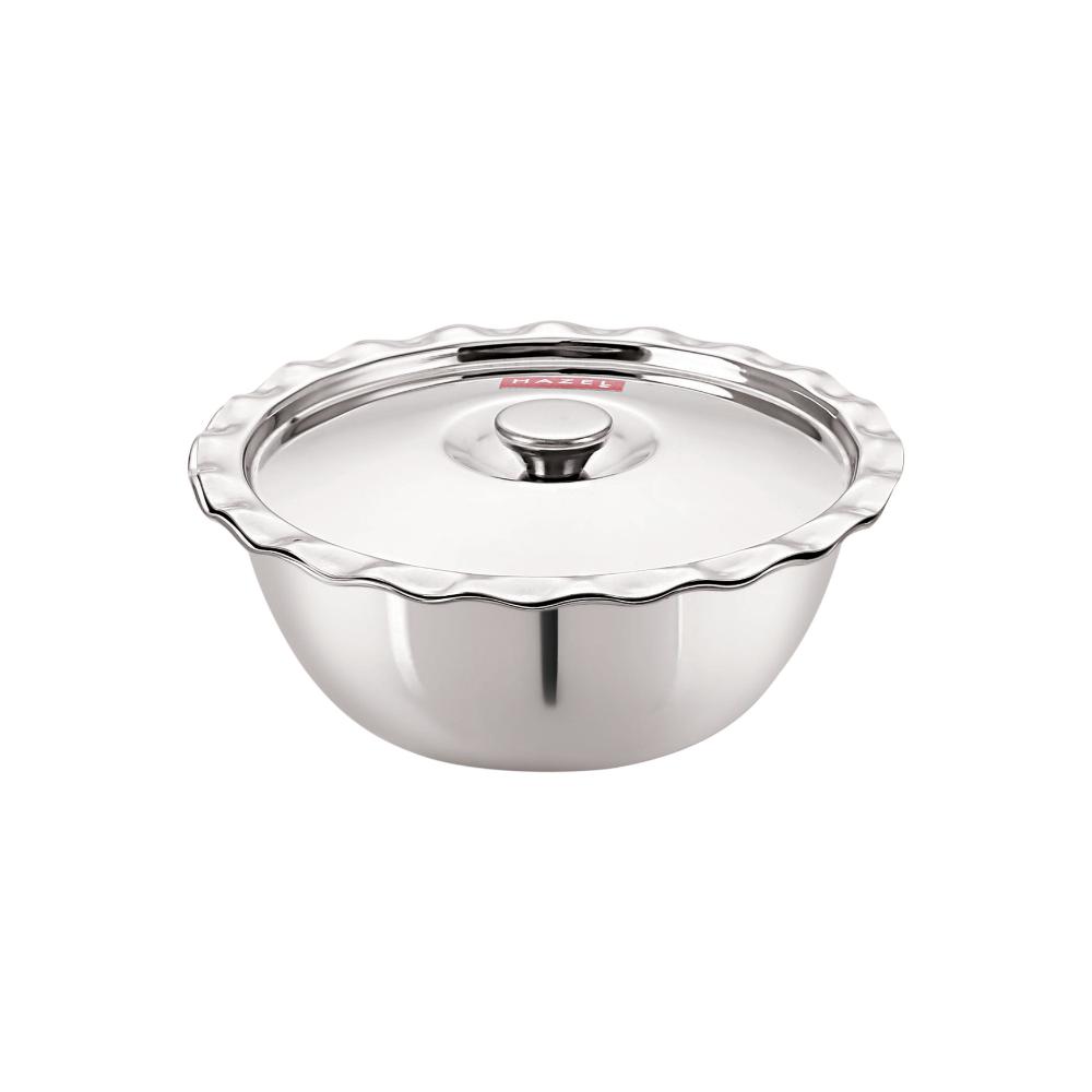 HAZEL Stainless Steel Serving Bowl Wati Vati Katori With Lid, 21 cm, 1300 ML, Silver