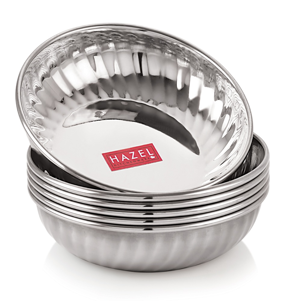 HAZEL Stainless Steel Serving Sweet Dish Dessert Plate, Set of 6, 310 ML Each, Silver
