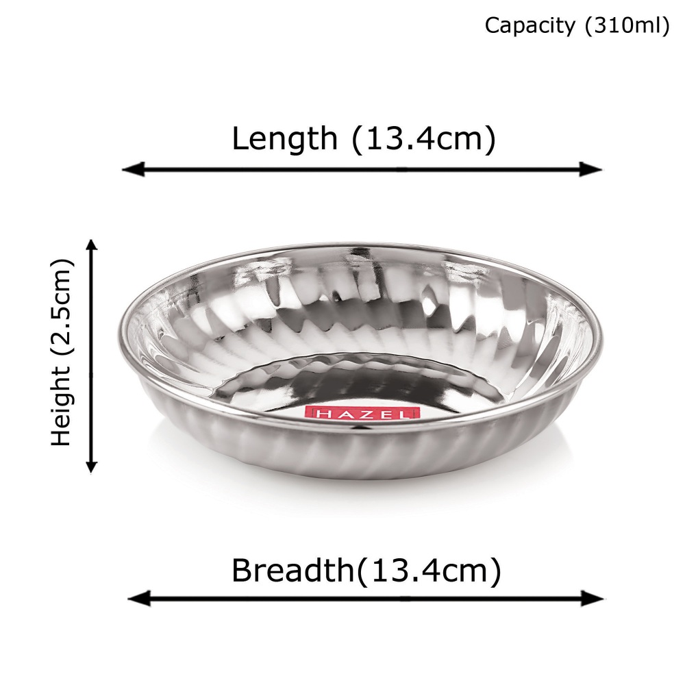 HAZEL Stainless Steel Serving Sweet Dish Dessert Plate, Set of 6, 310 ML Each, Silver