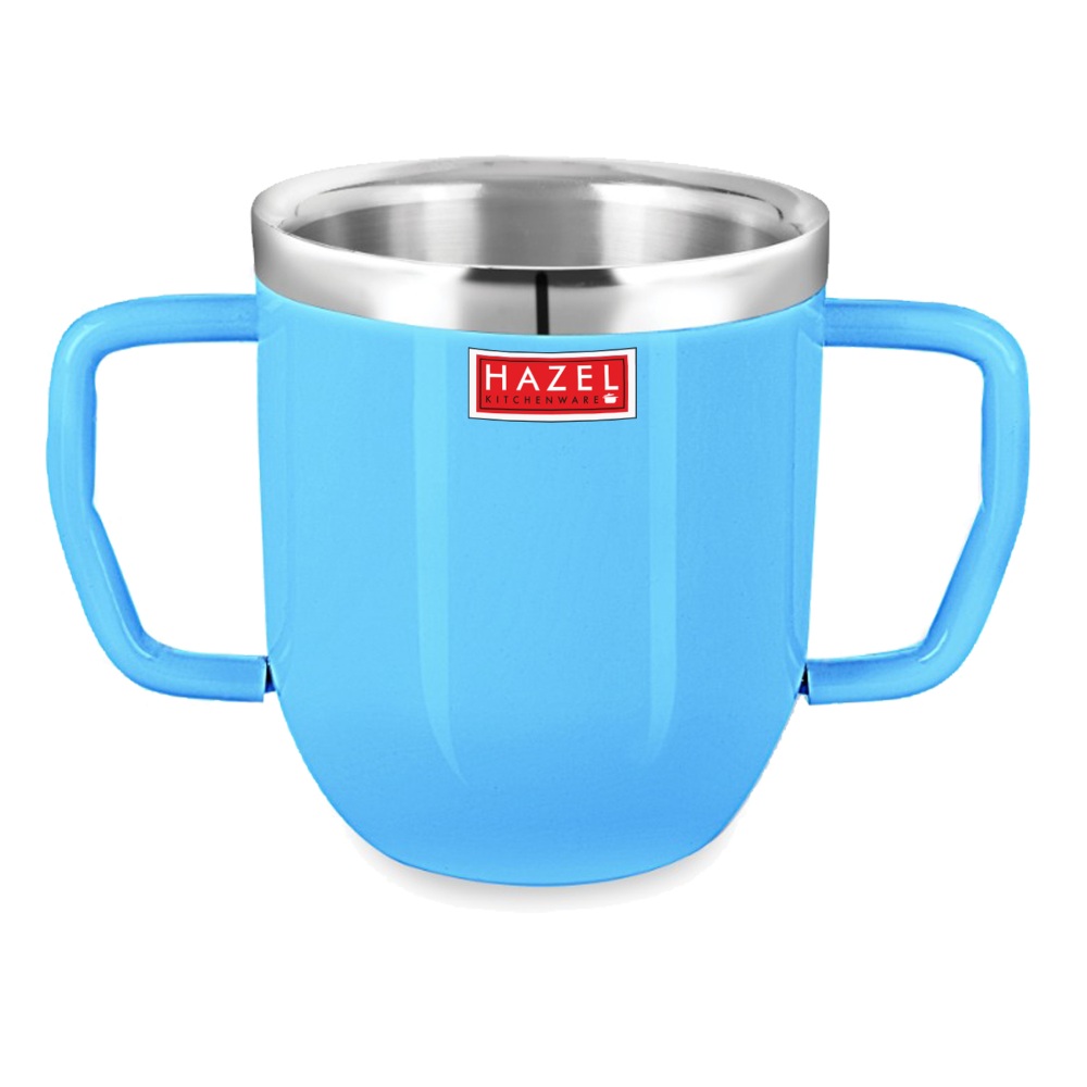 HAZEL Double Wall Stainless Steel Double Handle Baby Mug Set of 10for Kids Gifting, 250 ML Each, Blue
