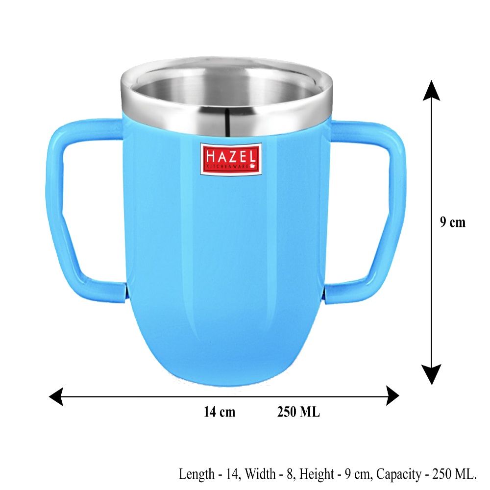 HAZEL Double Wall Stainless Steel Double Handle Baby Mug Set of 10for Kids Gifting, 250 ML Each, Blue