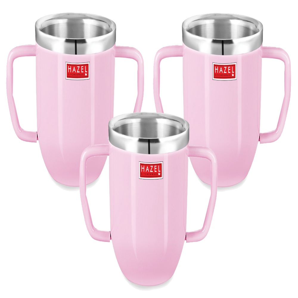 HAZEL Double Wall Stainless Steel Double Handle Baby Mug Set of 3for Kids Gifting, 250 ML Each, Pink