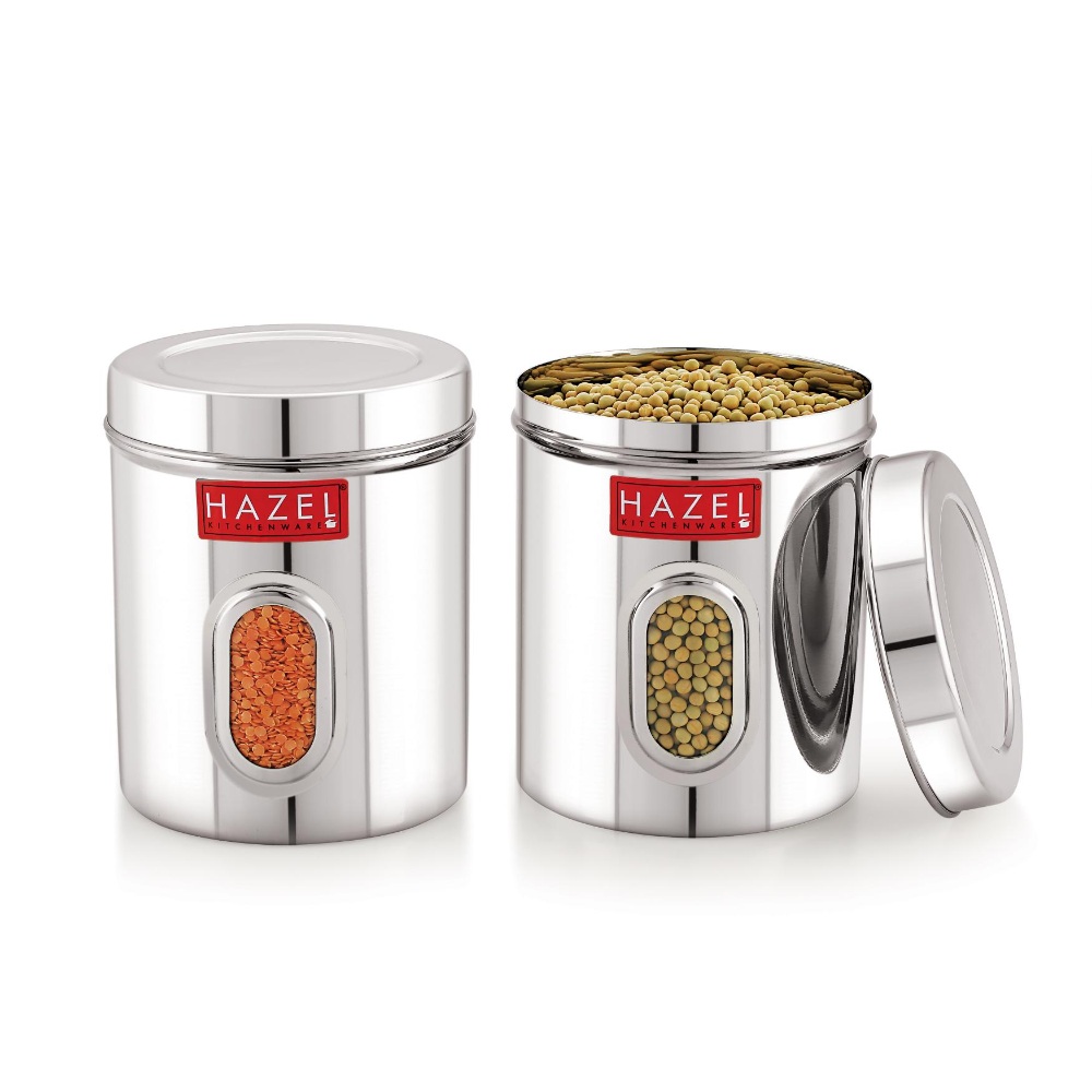 HAZEL Steel Kitchen Storage Containers | Tranparent Air Tight Containers for Storage, 1000 ML, Set of 2