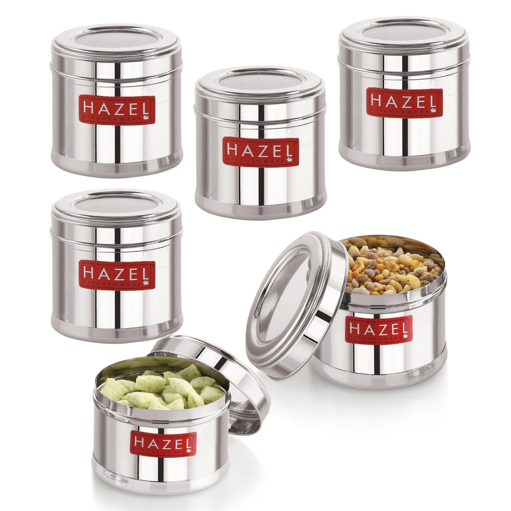 HAZEL Stainless Steel Containers for Kitchen | Top See Through Stainless Steel Airtight Masala Box for Kitchen Storage with Airtight Lid, 750 ML, Set of 6
