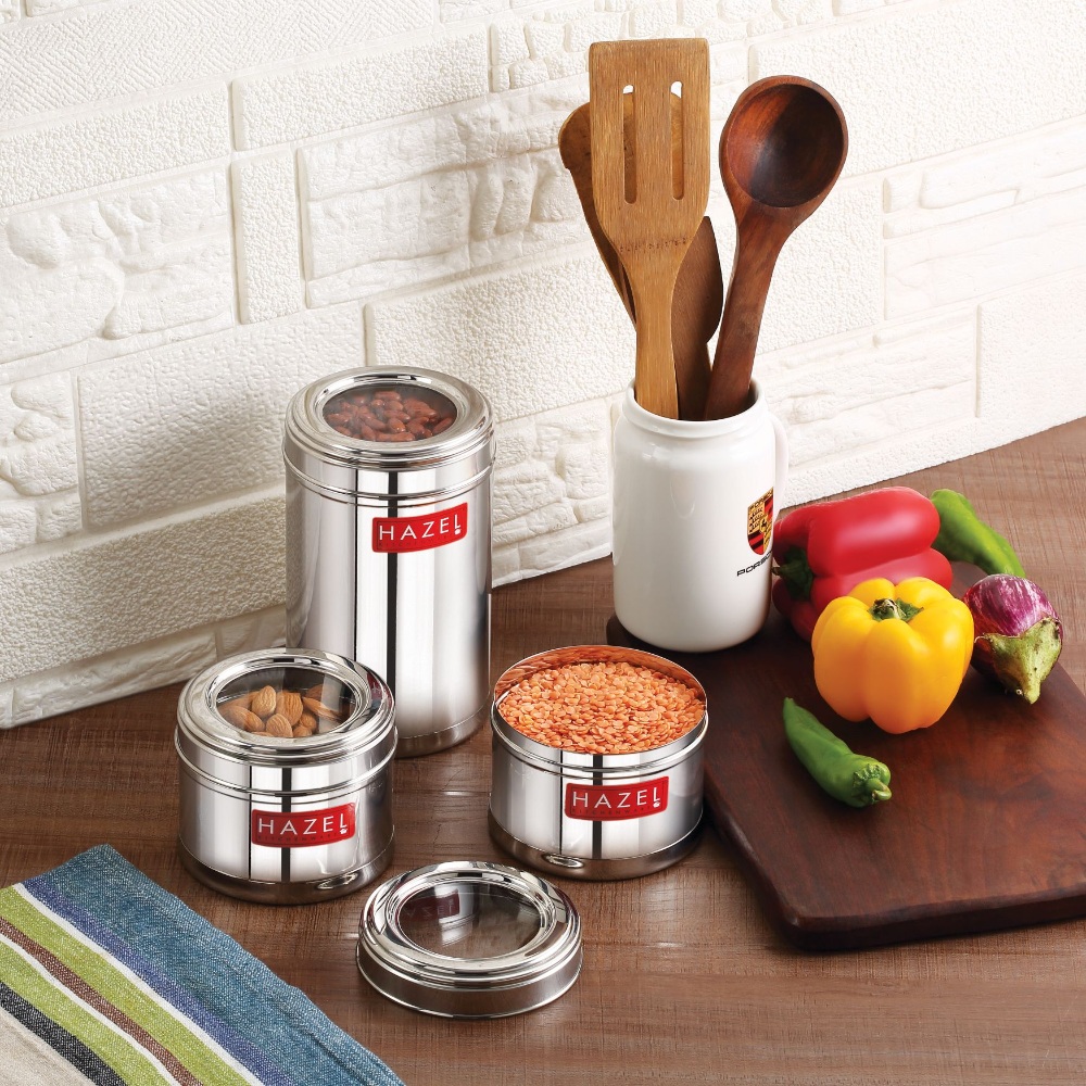 HAZEL Stainless Steel Kitchen Containers Set of 3 | Top See Through Stainless Steel Airtight Masala Box for Kitchen Storage with Airtight Lid