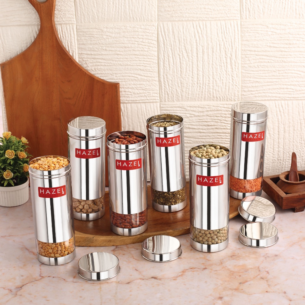 HAZEL Stainless Steel See Through Transparent Slim Container | Air Tight Steel Containers | Grocery Containers for Kitchen | Dabba Set for Kitchen | Kitchen Storage Containers Set of 6, 600 ML