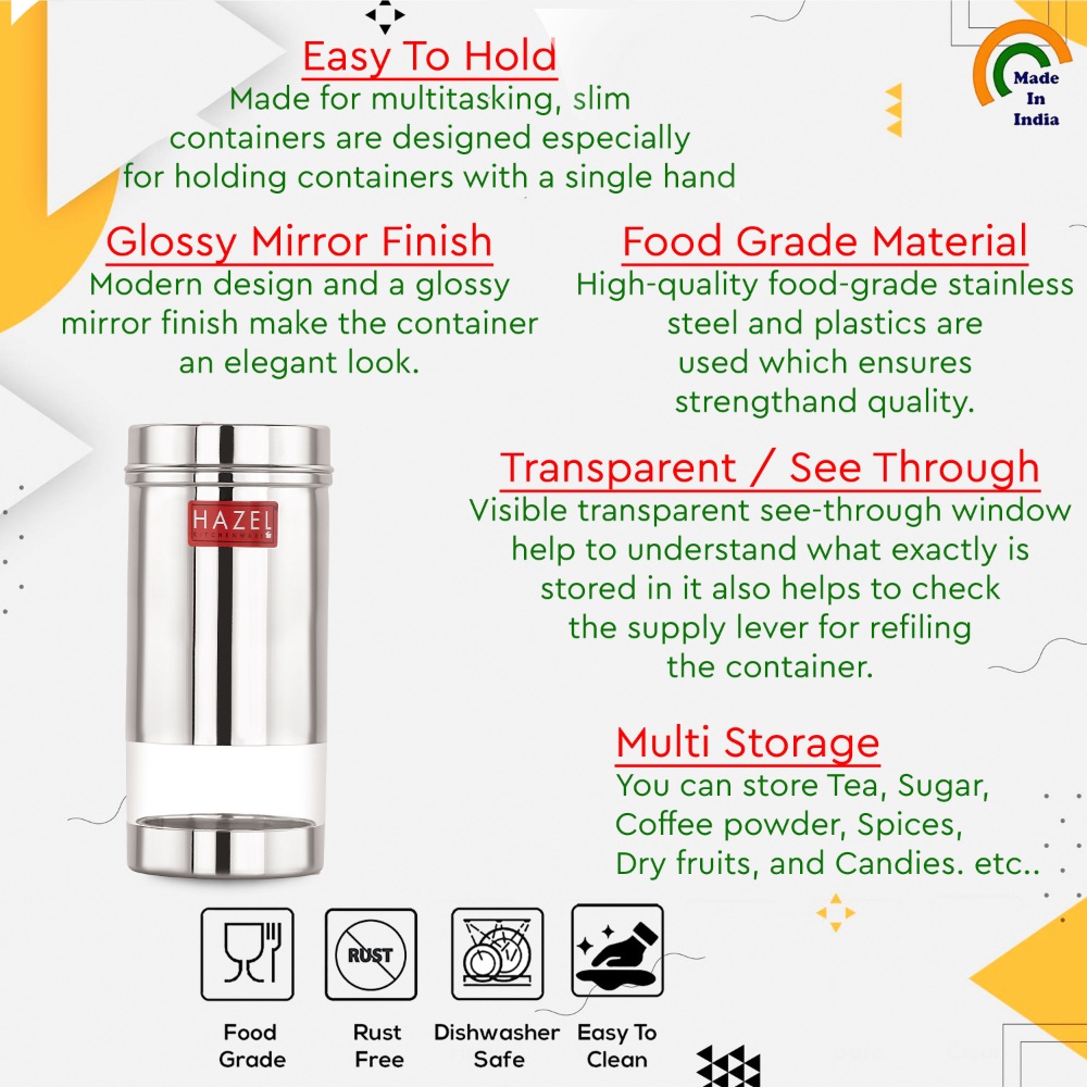 HAZEL Stainless Steel Fridge Containers for Storage | Air Tight Stainless Steel Containers | Grocery Containers for Kitchen | See Through Dabba Set for Kitchen | Kitchen Storage Containers Set of 6, 500 ML