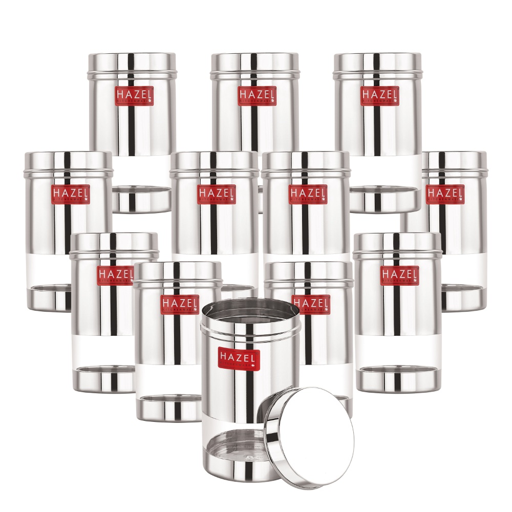 HAZEL Containers for Kitchen Storage Set | Fridge Storage Containers | See Through Stainless Steel Container for Kitchen | Modular Kitchen Containers Set of 12, 400 ML, Silver