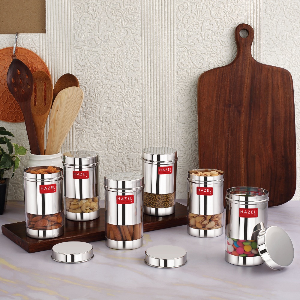 HAZEL Stainless Steel Fridge Containers for Storage | Air Tight Stainless Steel Containers | Grocery Containers for Kitchen | Dabba Set for Kitchen | Kitchen Storage Containers Set of 6, 400 ML