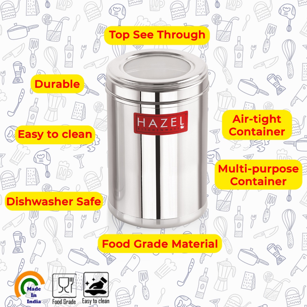 HAZEL Stainless Steel Kitchen Container with Transparent Lid | Top See Through Kitchen Container Set with Matt Finish | Multipurpose Container for Kitchen Storage, 1100 ML