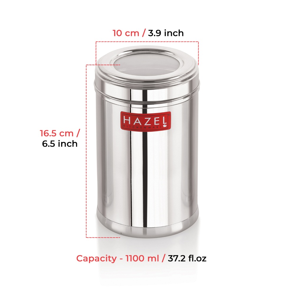 HAZEL Stainless Steel Kitchen Container with Transparent Lid | Top See Through Kitchen Container Set with Matt Finish | Multipurpose Container for Kitchen Storage, 1100 ML