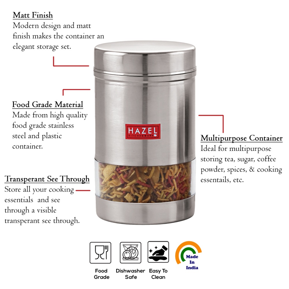 HAZEL Stainless Steel Kitchen Container | Transparent Kitchen Container Set with Matt Finish | Multipurpose Container for Kitchen Storage | Set of 6, 1700 ml Each