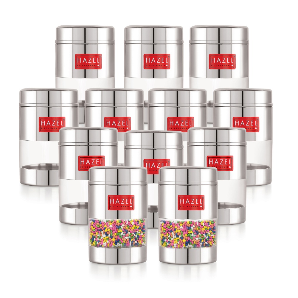 HAZEL Stainless Steel Mukhwas Container | See Through Small Containers for Kitchen Storage Set | Transparent Airtight Jars Set of 12 Pc, 170 ML
