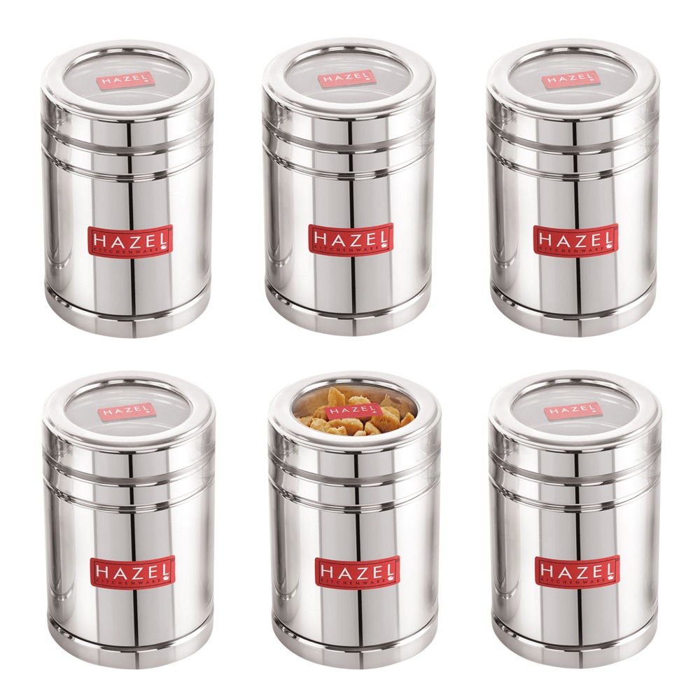 HAZEL Steel Tea Container with Transparent Lid | Transparent Lid Tea Powder Storage Box For Kitchen |Food Grade Steel Kitchen Container, Set of 6, 1000 ML