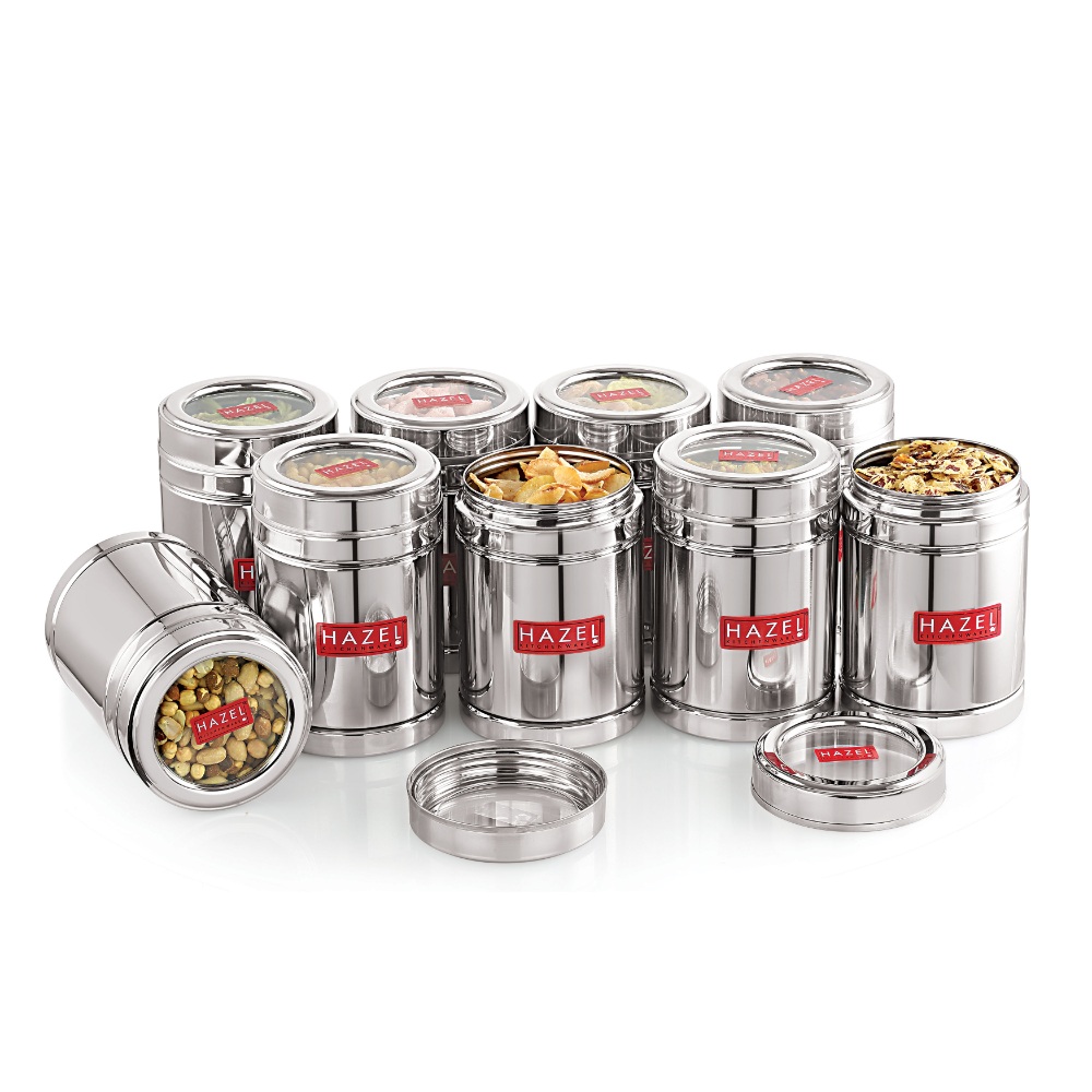 HAZEL Steel Tea Container with Transparent Lid | Transparent Lid Tea Powder Storage Box For Kitchen |Food Grade Steel Kitchen Container, Set of 6, 1000 ML