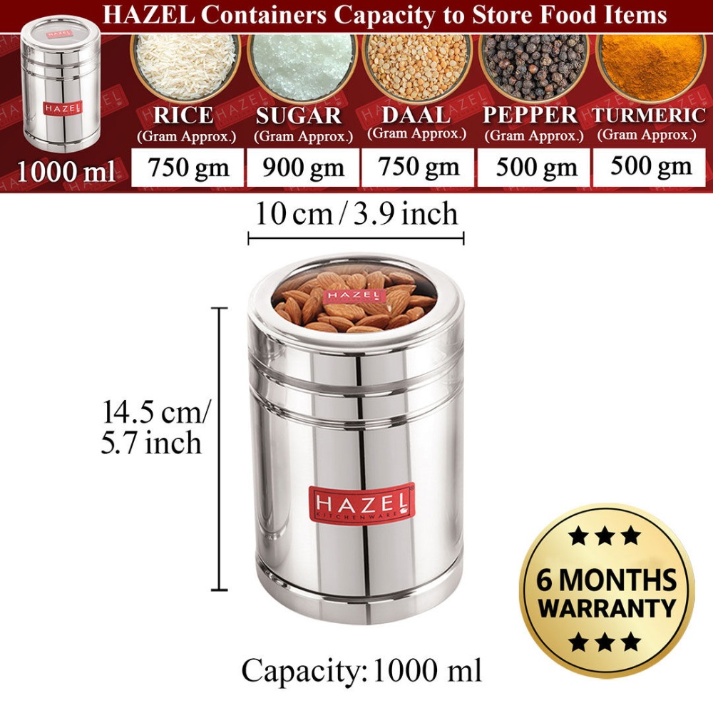 HAZEL Steel Tea Container with Transparent Lid | Transparent Lid Tea Powder Storage Box For Kitchen |Food Grade Steel Kitchen Container, Set of 2, 1000 ML
