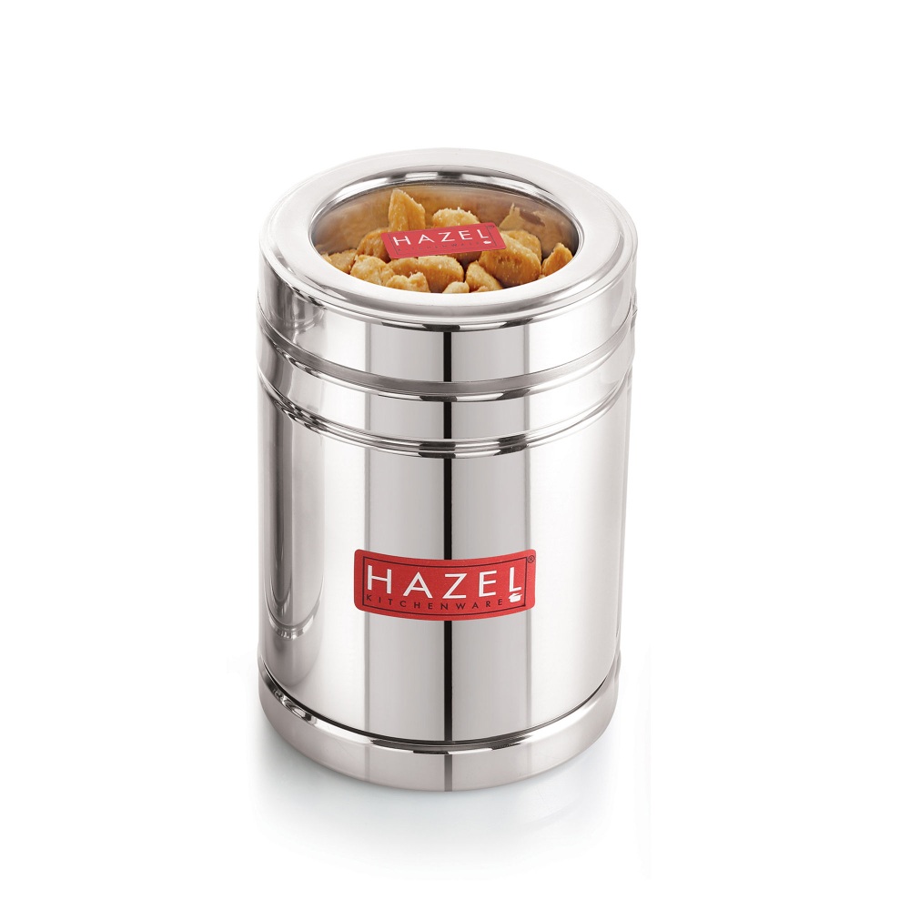 HAZEL Steel Tea Container with Transparent Lid | Transparent Lid Tea Powder Storage Box For Kitchen |Food Grade Steel Kitchen Container, Set of 2, 1000 ML