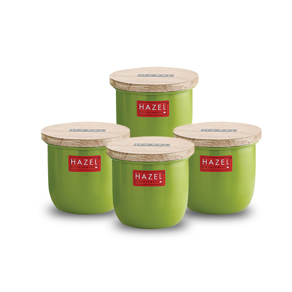 HAZEL Airtight Container for Kitchen | Dry Fruits Box with Wooden Lid| Small Container For Kitchen | Food Grade Spices Storage Containers, Set of 4, 250 ML, Green
